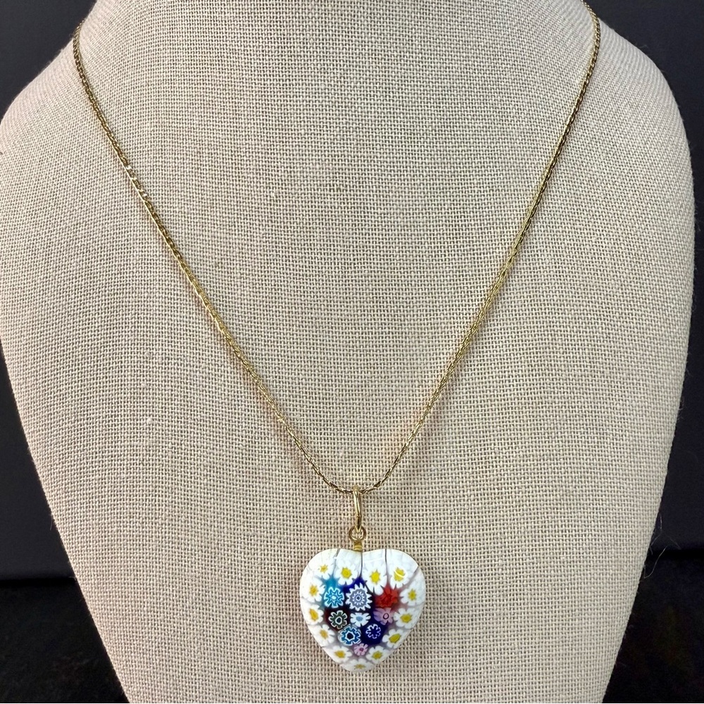 Millefiori Heart Glass White Colorful  Floral Motif Gold Tone Necklace 28”